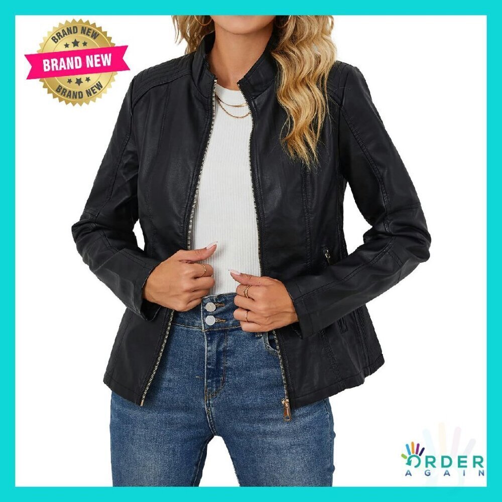 Faux Leather Motorcycle Jacket Quilted Zipper Bomber Coat Women's PU